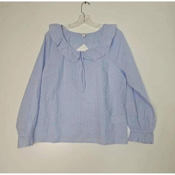 NWT J Crew Ctn Chambray Dobby Blue Ruffled Peasant Blouse Long Sleeve - Picture 7 of 9